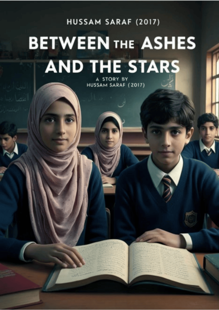 Original cover of Between the Ashes and the Stars by Hussam Saraf, showing students seated with an open book in a classroom.