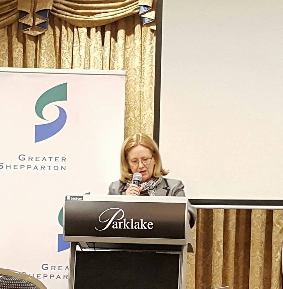 A speaker reading from notes at the Parklake lectern during the Community Leadership Program networking dinner.