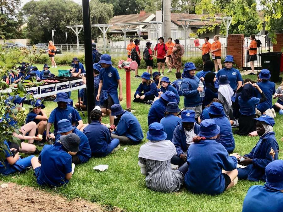 Groups of visiting students sitting on the lawn during Year 5 Aspirations Day.