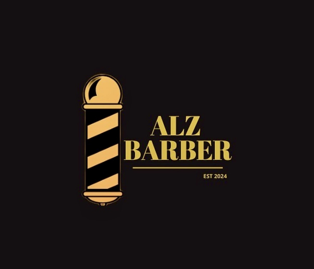 Alz Barber logo design by Hammood AL-Badry, with a gold barber pole and lettering on a dark background.