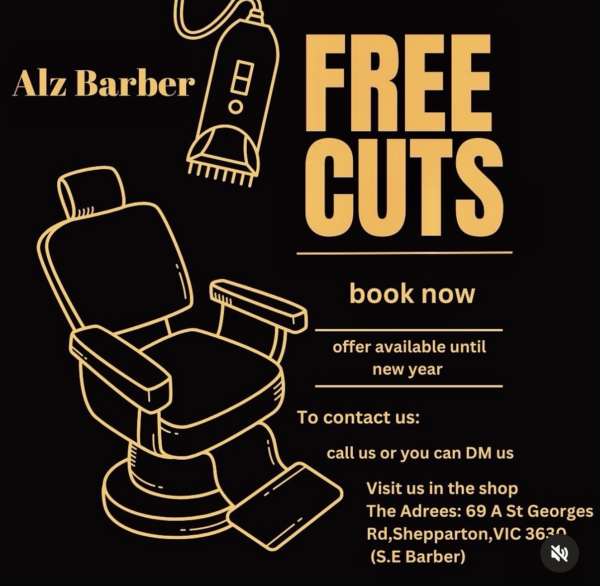 Alz Barber promotional poster design by Hammood AL-Badry, with gold barber chair and clipper illustrations and Free Cuts lettering.