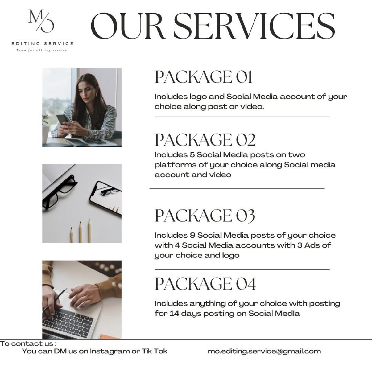 MO Editing Service poster listing four logo, social media content and advertising packages, with contact email mo.editing.service@gmail.com.
