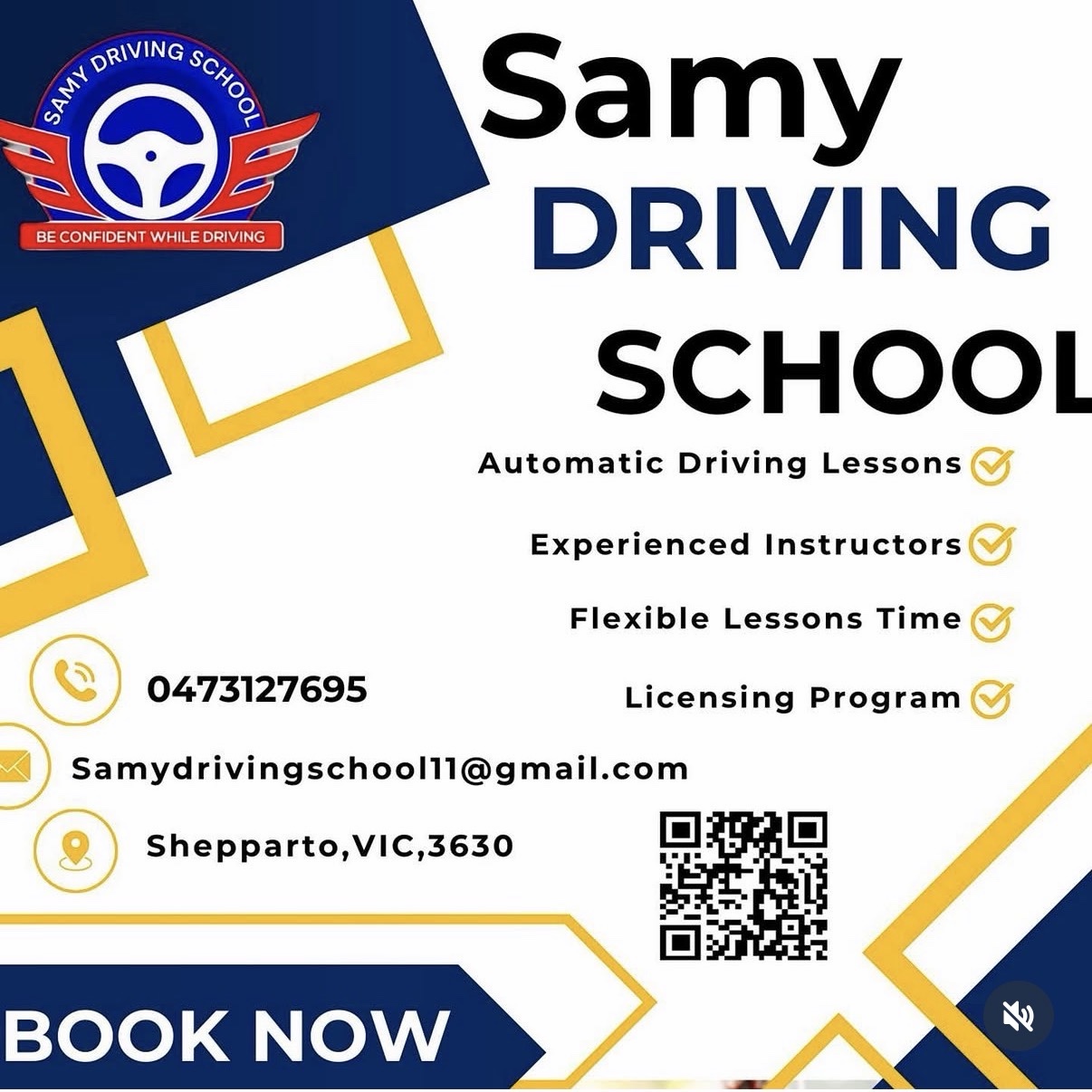 Blue, white and yellow Samy Driving School promotional design by Hammood AL-Badry.