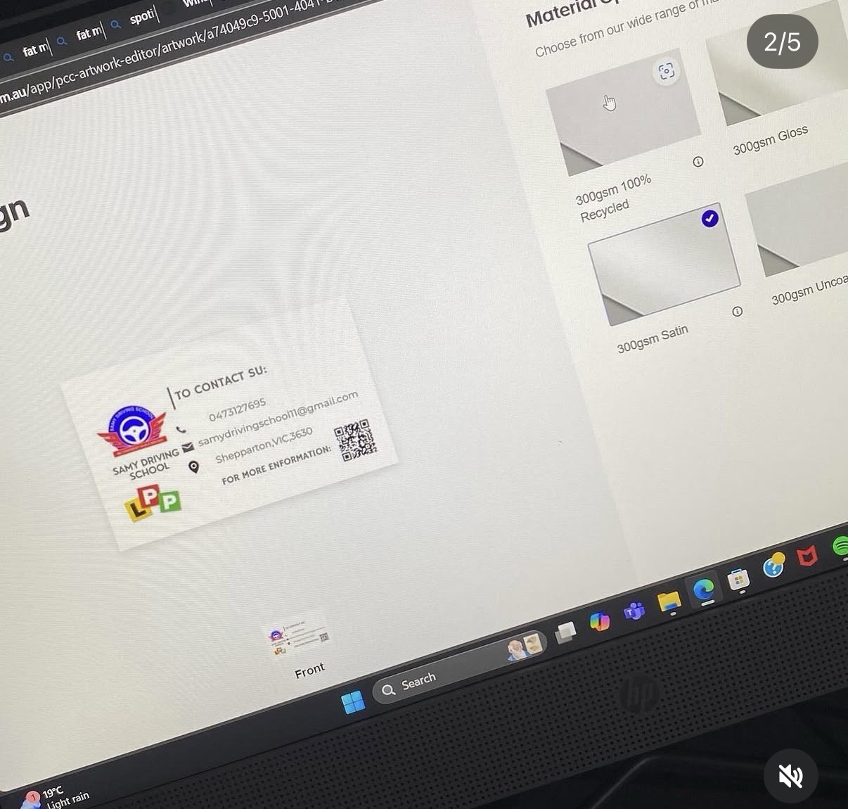 Hammood AL-Badry’s Samy Driving School business card artwork displayed in an online print editor.
