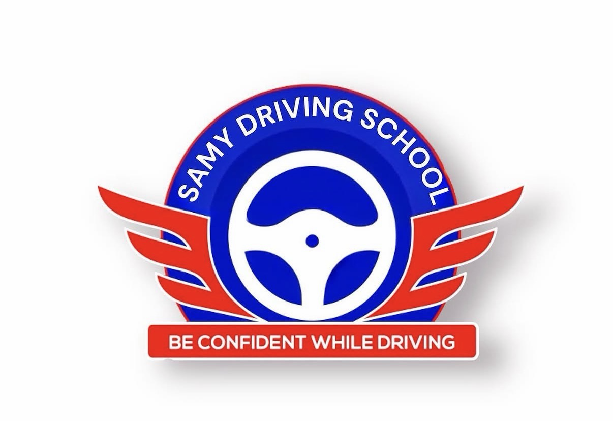 Samy Driving School logo designed by Hammood AL-Badry, with a blue steering wheel and red wings.