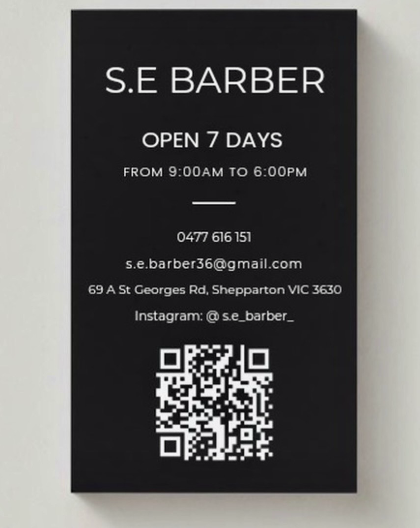 Reverse of the S.E Barber business card design by Hammood AL-Badry, showing a contact information layout and QR code.