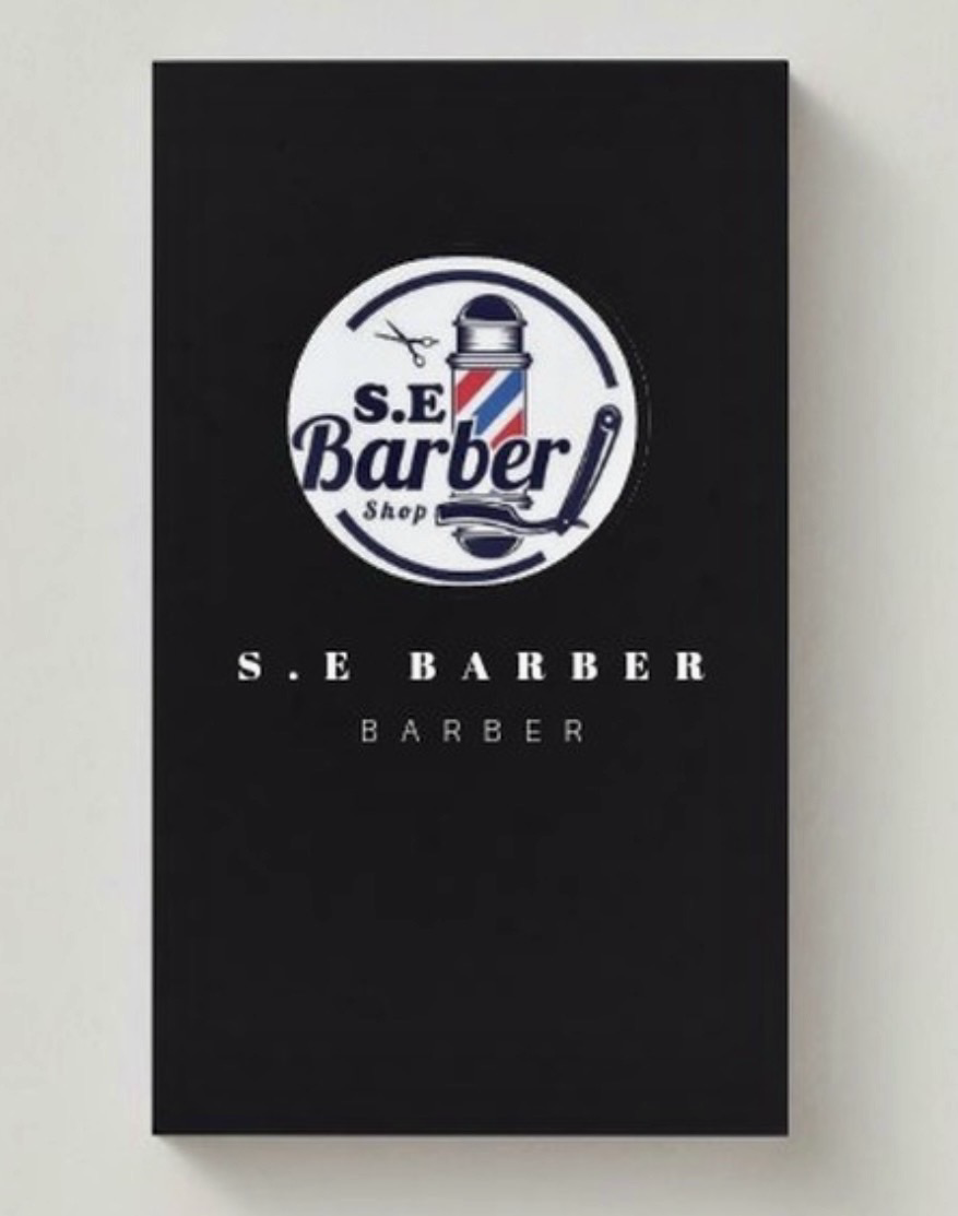 Front of the S.E Barber business card design by Hammood AL-Badry, with a circular barber logo on black.