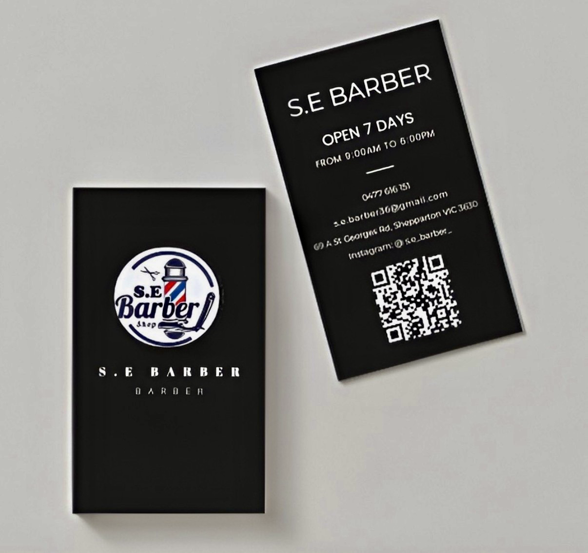 Front and reverse of Hammood AL-Badry’s S.E Barber business card design presented together.