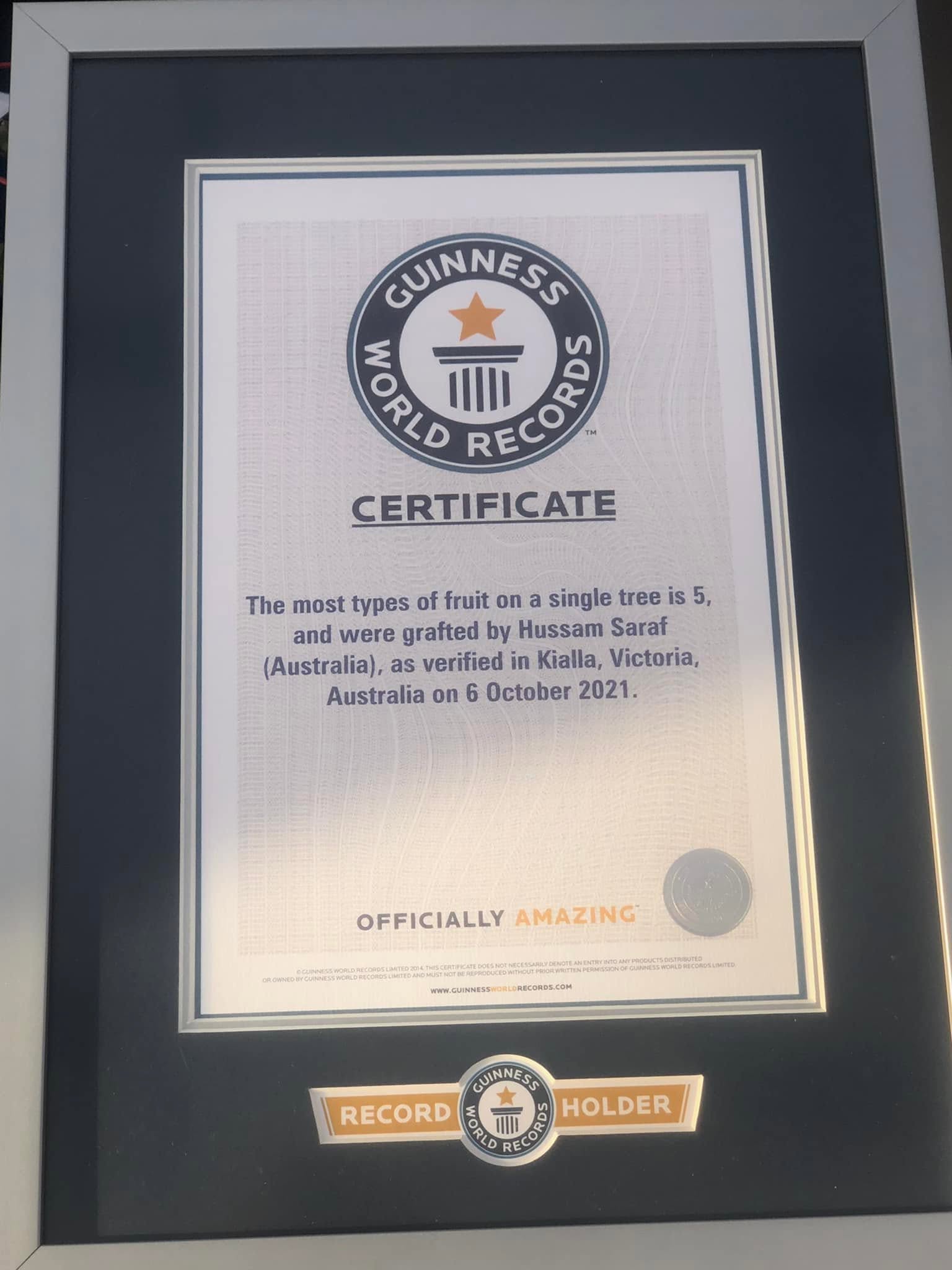 Most types of fruit on a single tree · 6 October 2021. The official certificate records five types of fruit grafted by Hussam Saraf on one tree, verified in Kialla, Victoria, on 6 October 2021.