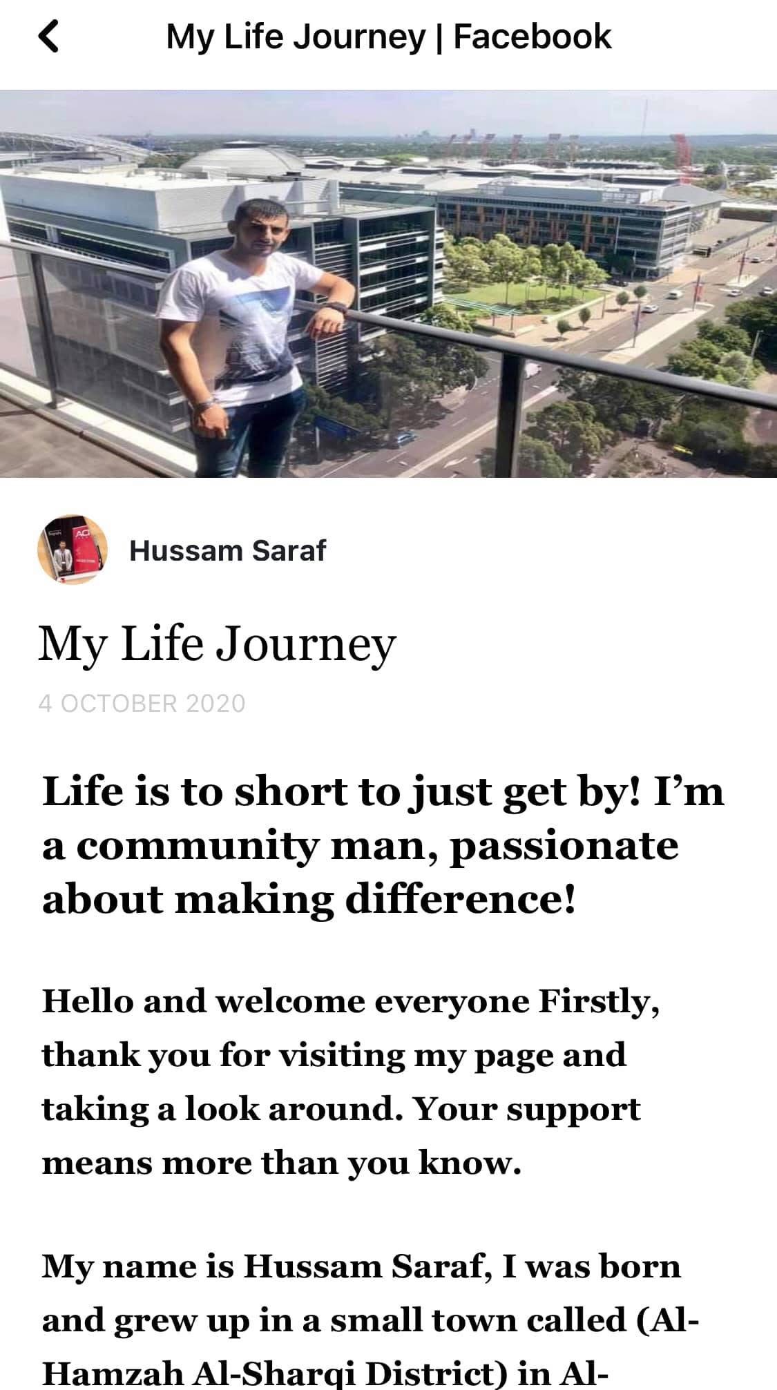 Hussam Saraf overlooking a city from a balcony.