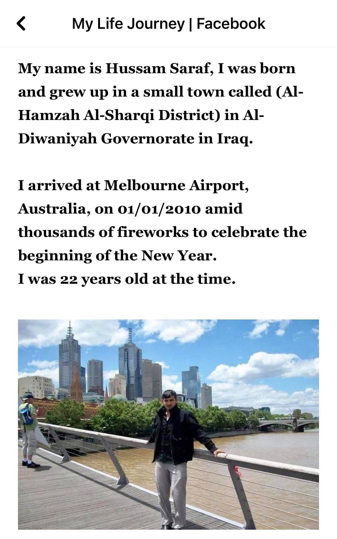 Hussam Saraf beside the Yarra River with Melbourne’s skyline behind him.