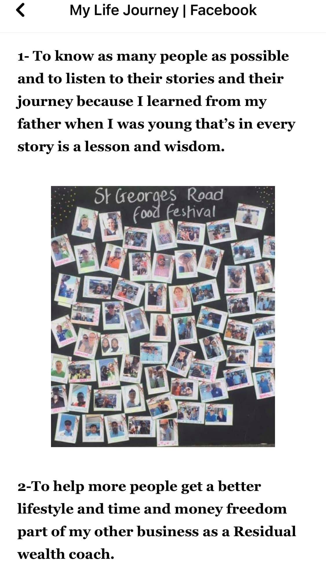 A St Georges Road Food Festival display containing photographs of community members.