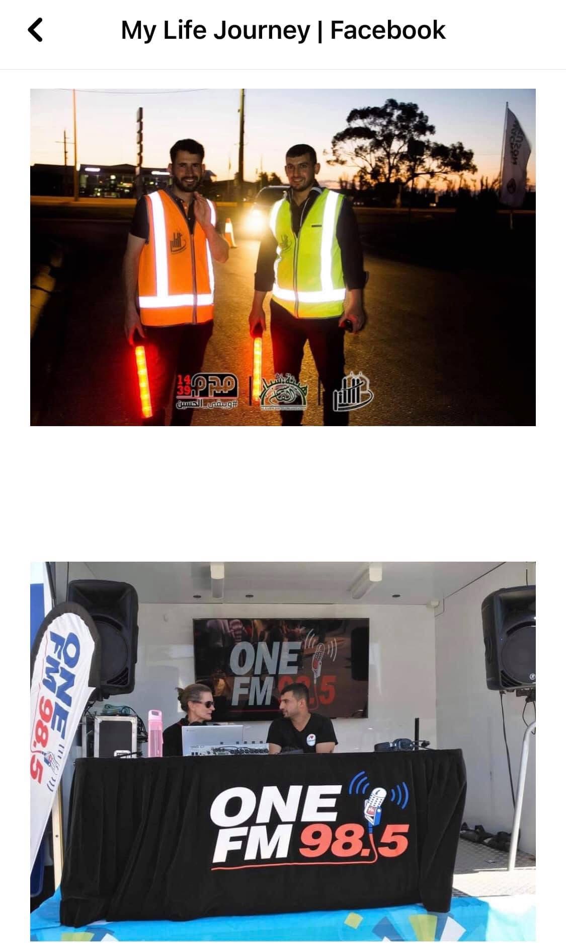 Hussam Saraf speaking with a presenter at a ONE FM 98.5 community-radio stand.
