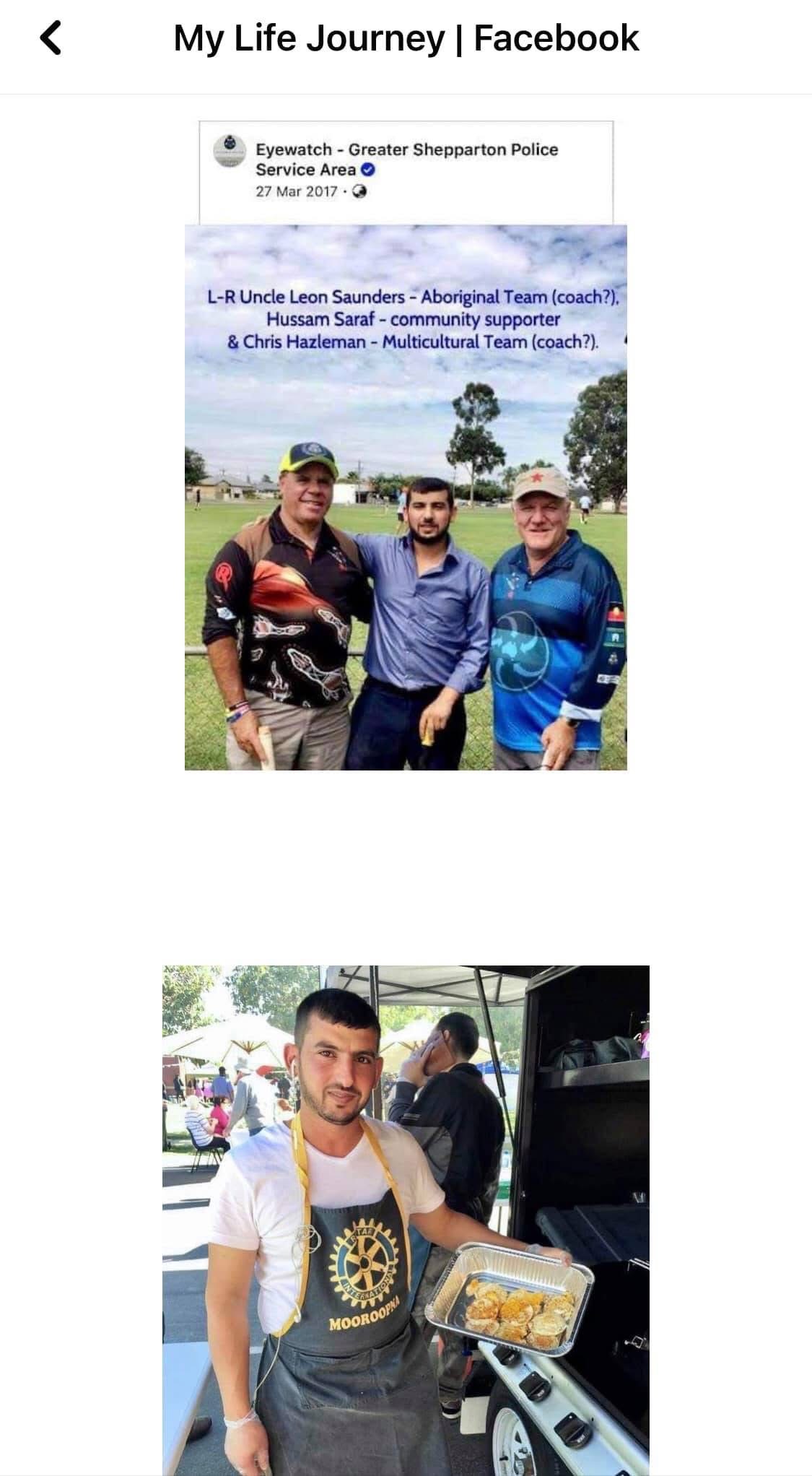 Hussam Saraf with Uncle Leon Saunders and Chris Hazleman at a community sporting field.