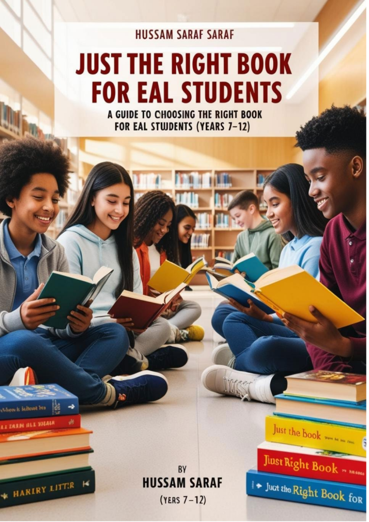Original cover of Just the Right Book for EAL Students by Hussam Saraf, showing students reading together in a library.