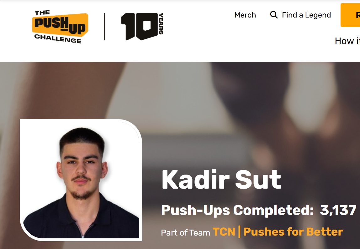 Screenshot of Kadir Sut’s Push-Up Challenge profile showing 3,137 push-ups completed and team TCN | Pushes for Better.