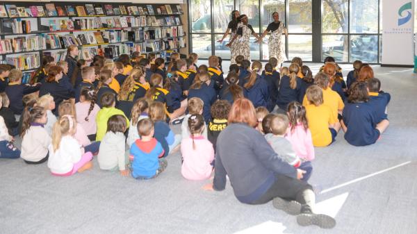 The Burundi group performing for an audience of students at Tatura Library during Refugee Week.