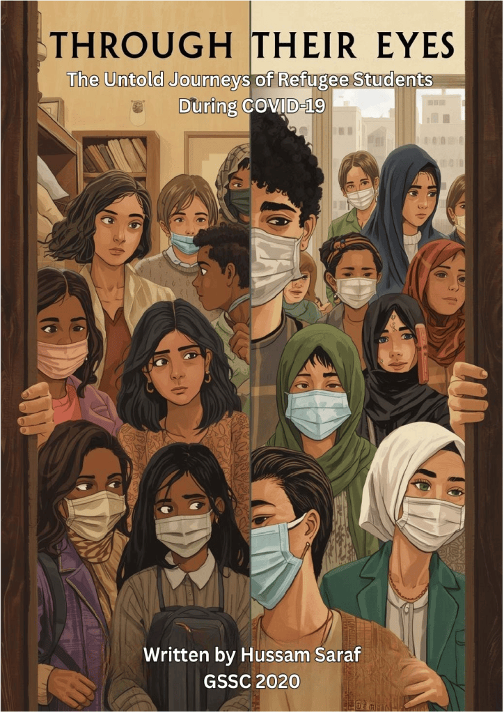 Original illustrated cover of Through Their Eyes by Hussam Saraf, showing students wearing face masks during the COVID-19 pandemic.