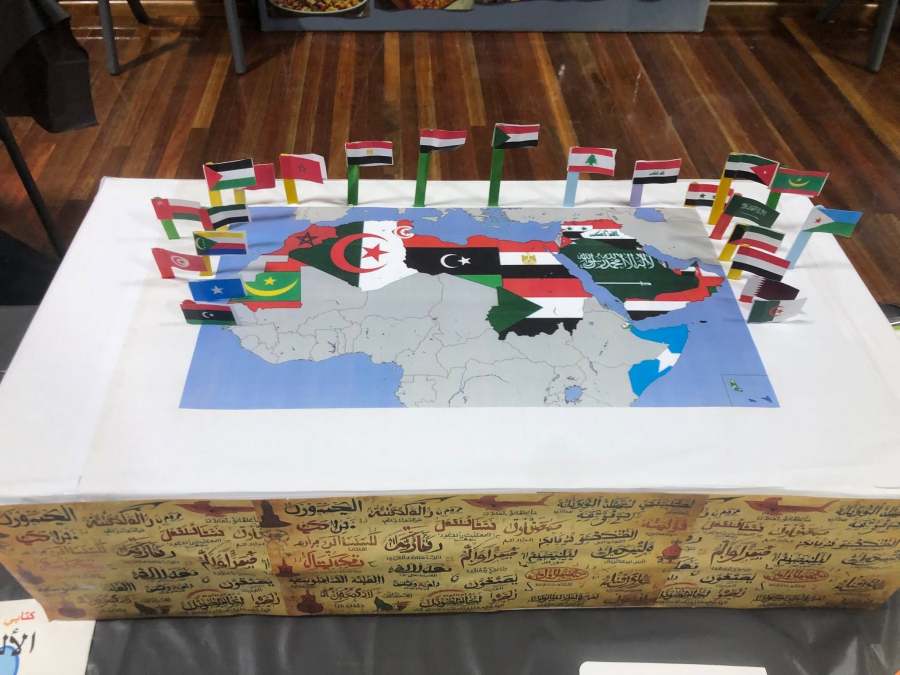 A model map with flags displayed at the Arabic station.