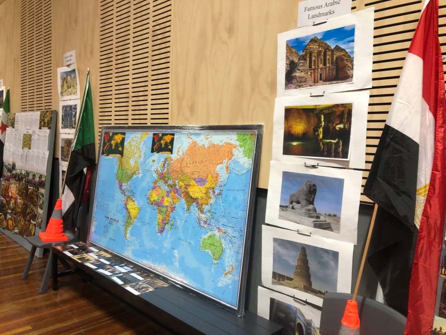 World map, landmark photographs and learning resources at the Arabic station.
