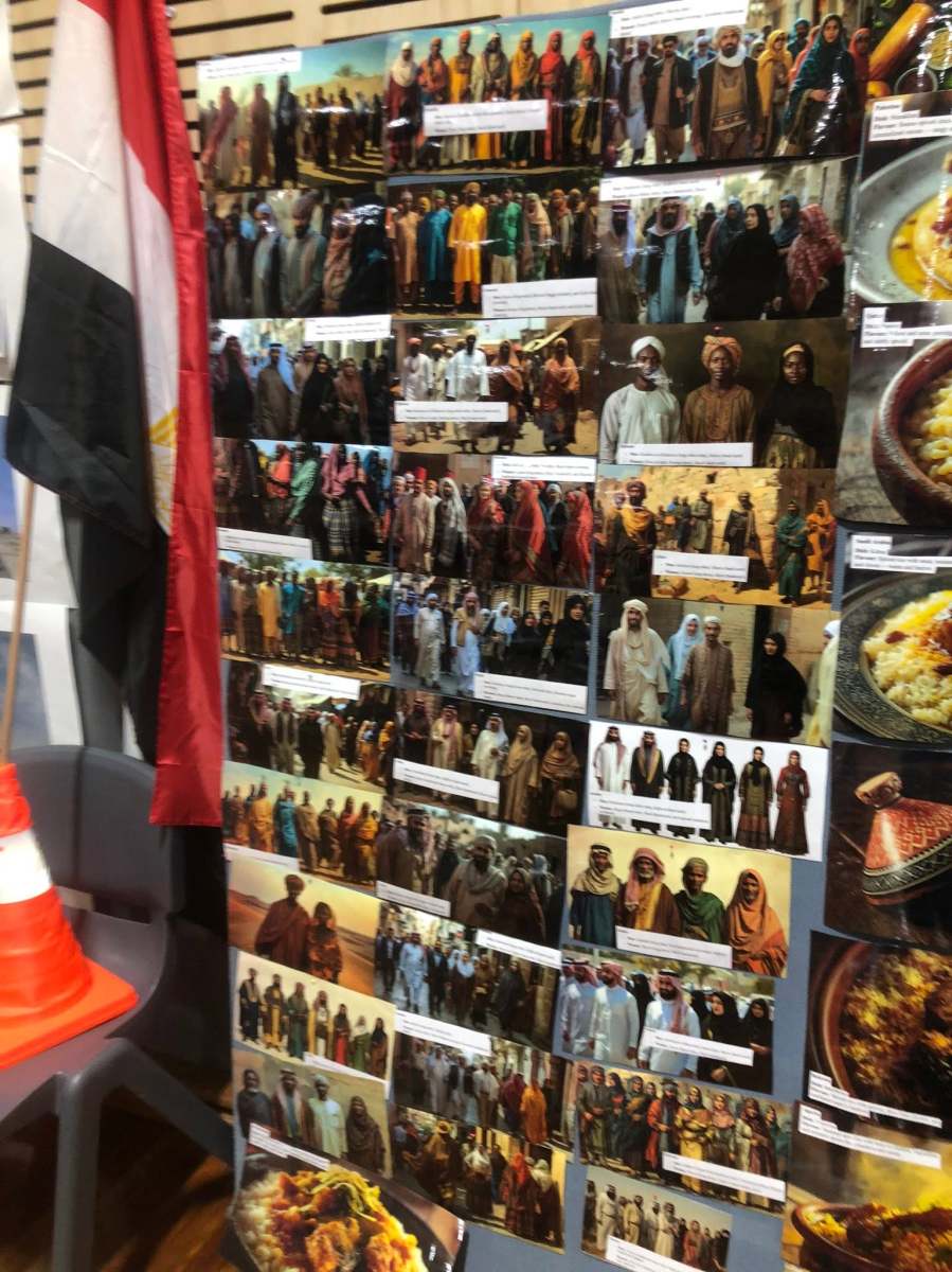A collage of community and cultural photographs on the Arabic station display.