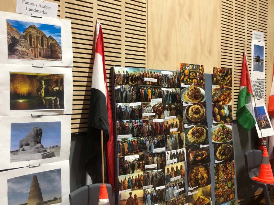 Landmark and cultural photographs displayed at the Arabic station.
