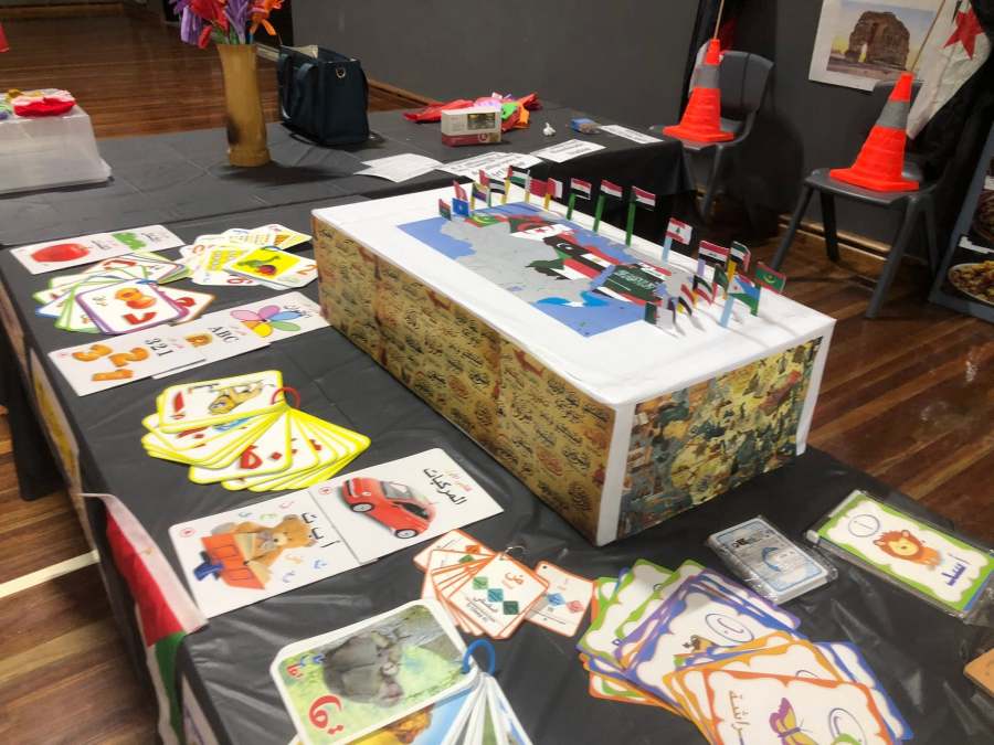 A model map with flags beside Arabic learning cards.