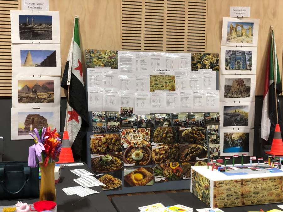 Arabic alphabet posters and country information displayed across the station.
