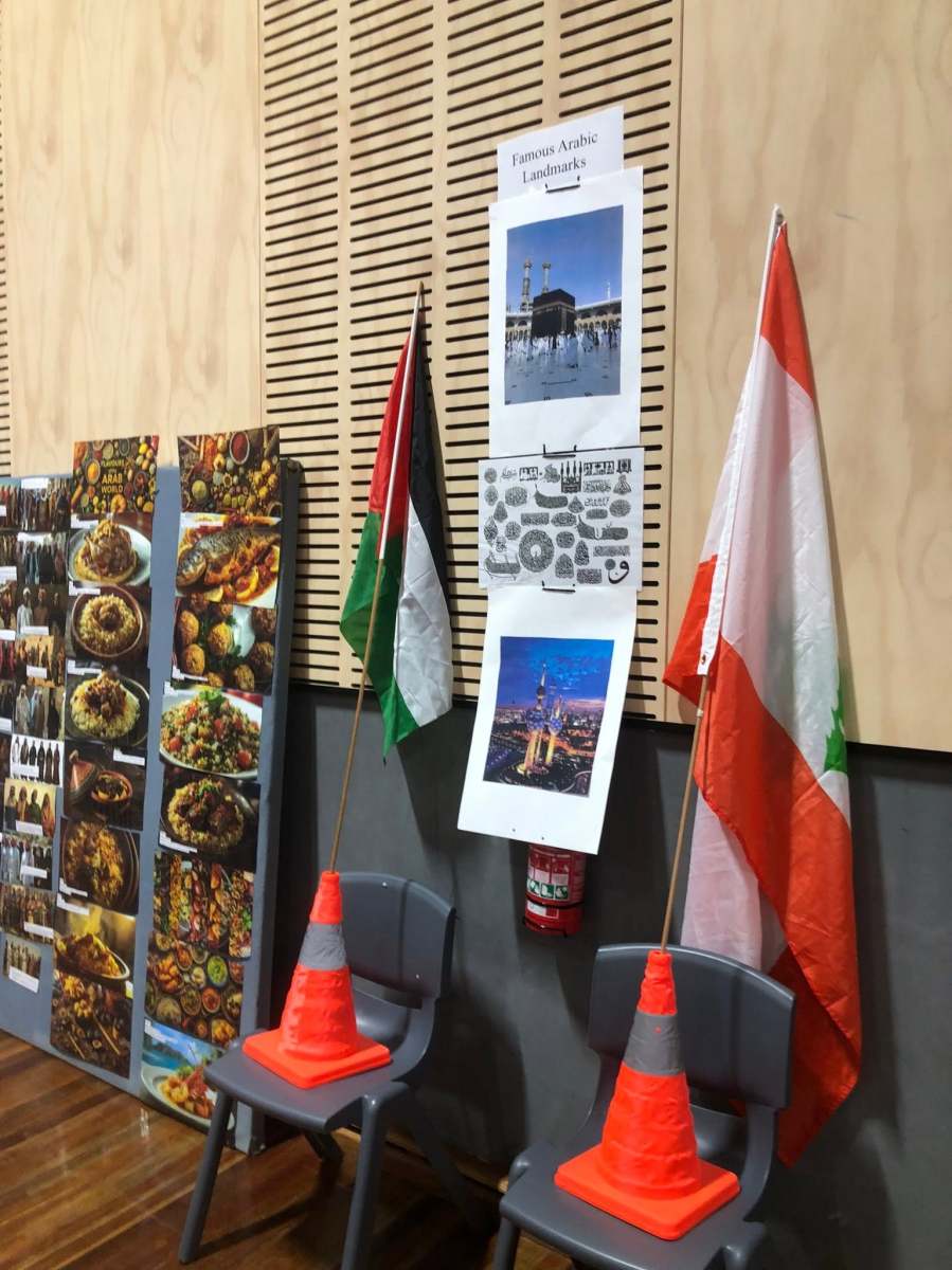 A vertical view of a landmark poster, flag and cultural photograph display.