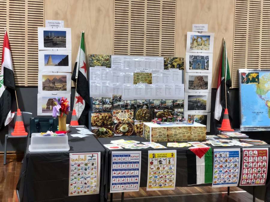 The Arabic station with Arabic alphabet posters, landmark photographs, flags, learning activities and food displays.